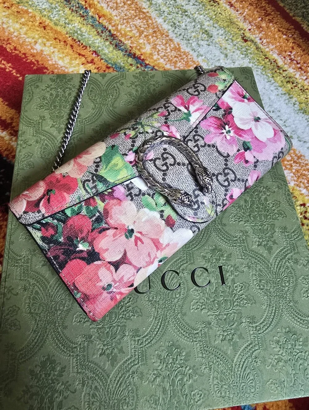 Authentic Gucci Floral Print Chain Wallet in Pink and Green